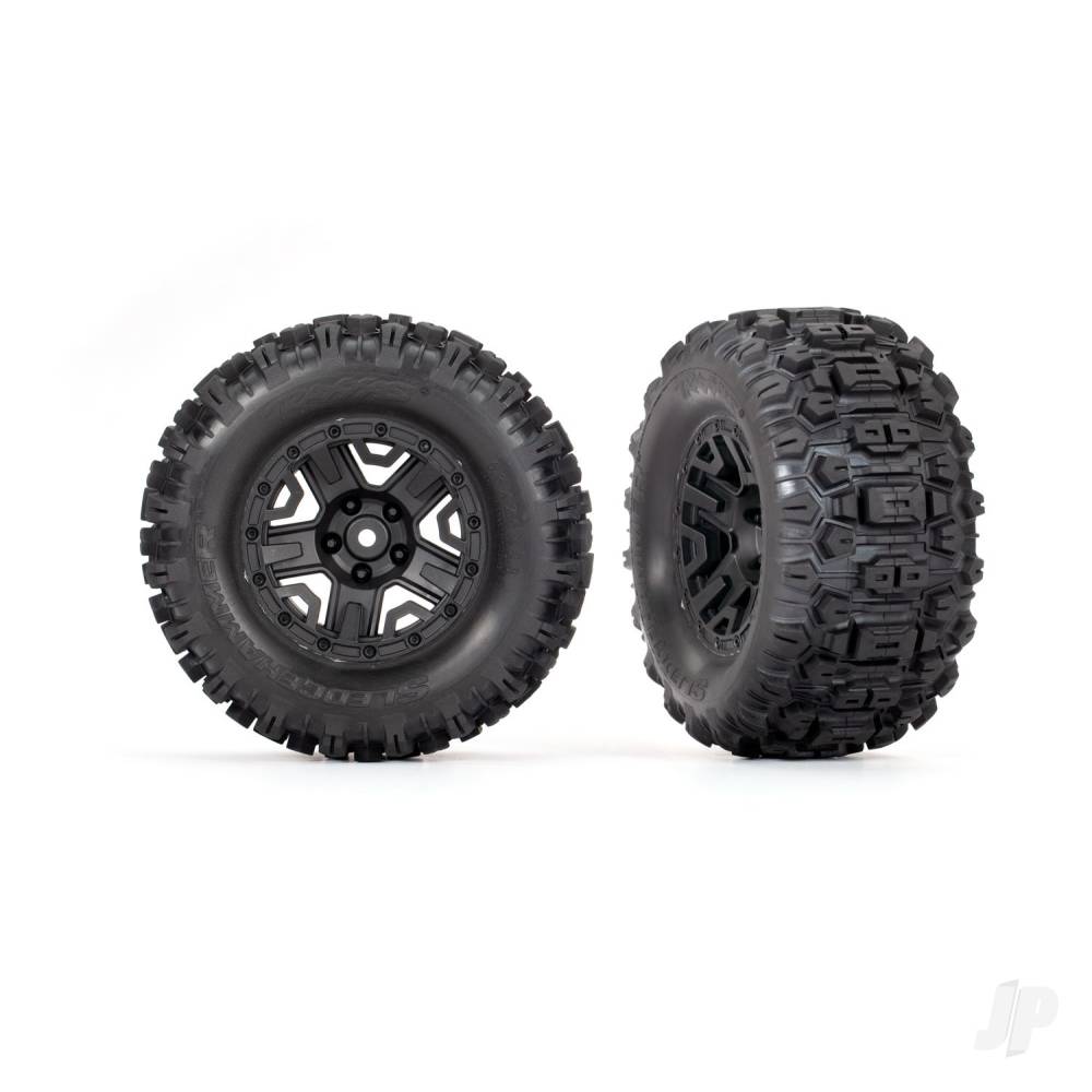 Traxxas Tyres & Wheels, Assembled, Glued (Black 2.8in wheels, Sledgehammer tyres, foam inserts) (electric rear) (2) (TSM rated)
