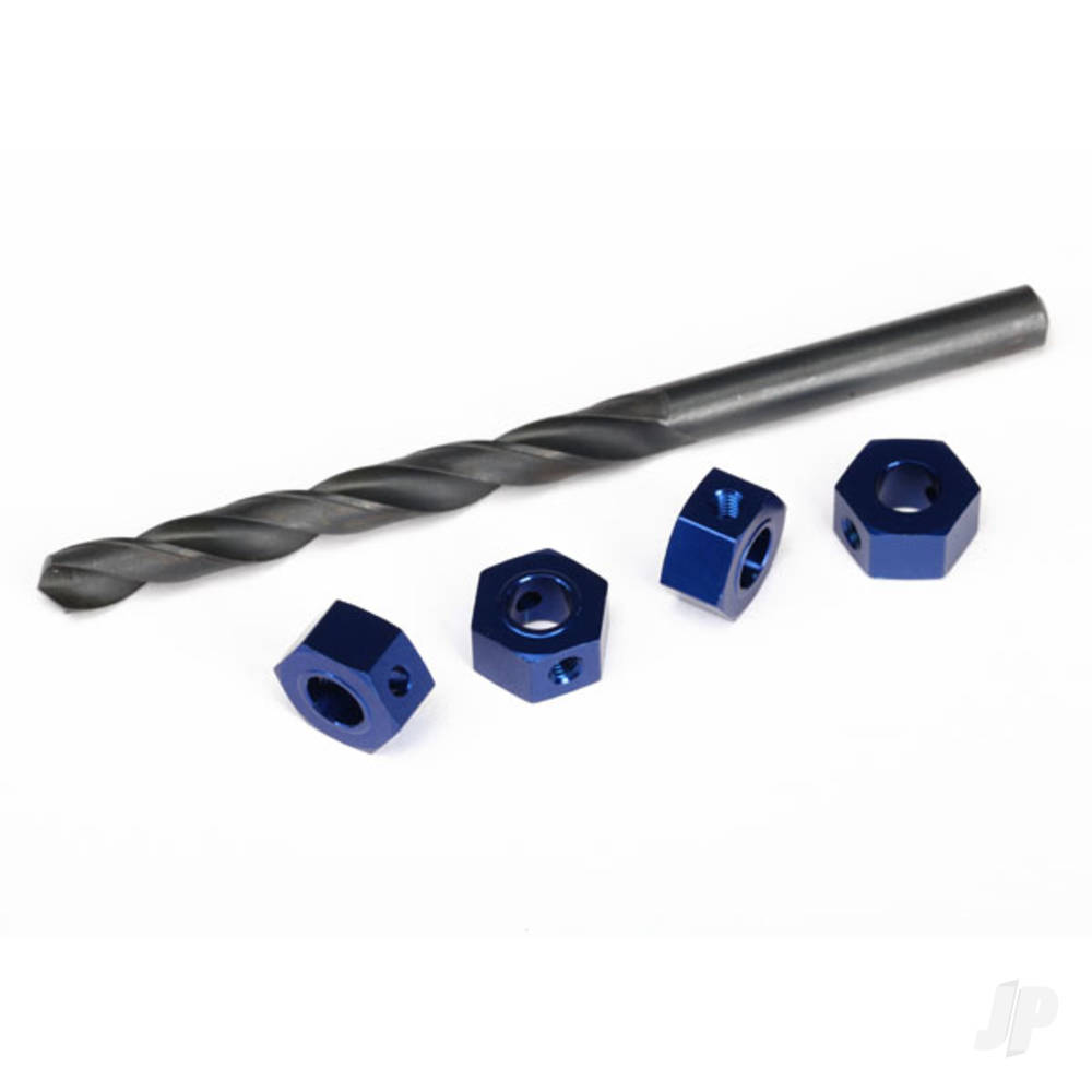 Traxxas Wheel adaptors, 12mm hex, 6061-T6 aluminium (Blue-anodised) (4 pcs) / screw pins (4 pcs) / drill bit, 0.25in (for 6mm shafts) (requires #6451 (x2), #6452 (x2), #6439, #6455, #5117 (x3))