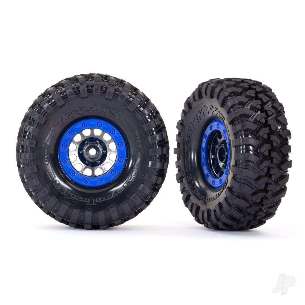 traxxas-tyres-wheels-assembled-glued-method-105-19-black-chrome-blue-beadlock-style-wheels-canyon-trail-46x19-tyres-foam-inserts-1-left-1-right
