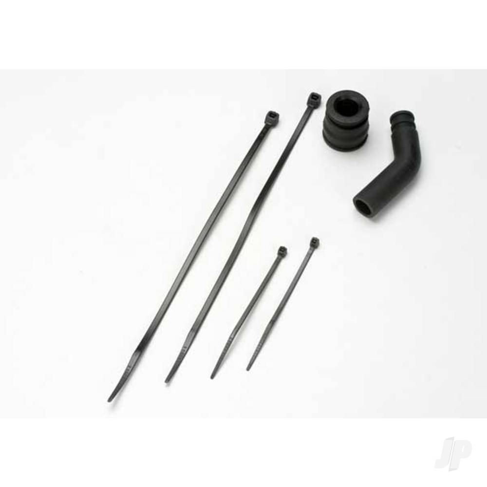 Traxxas Pipe coupler, moulded (Black) / exhaust deflecter (rubber, Black) / cable ties, Long (2 pcs) / cable ties, Short (2 pcs)
