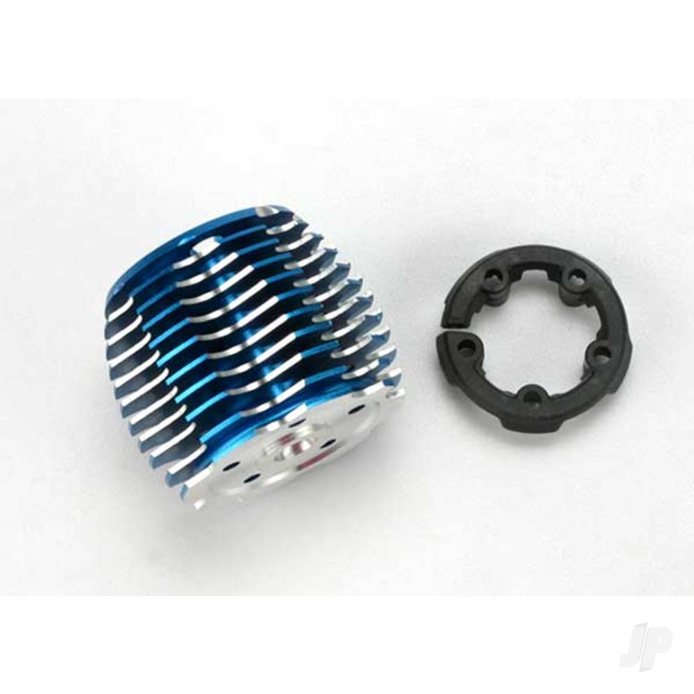 Traxxas Cooling head, PowerTune (machined aluminium, Blue-anodised) (TRX 2.5 and 2.5R) / head protector (plastic)