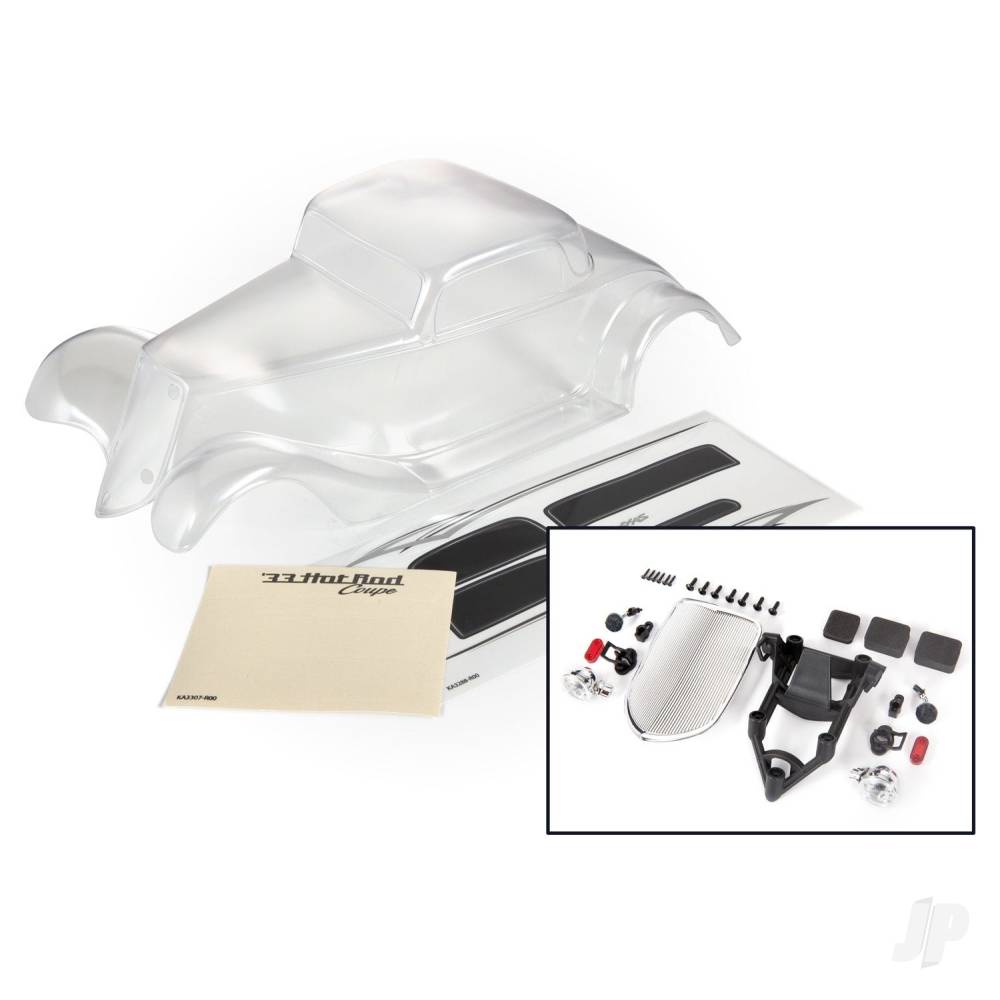 Traxxas Body, Factory Five '33 Hot Rod Coupe (Clear, requires painting), foam pads (front & rear), decal sheet (includes front grille, side mirrors, headlights, tail lights, mounting hardware)