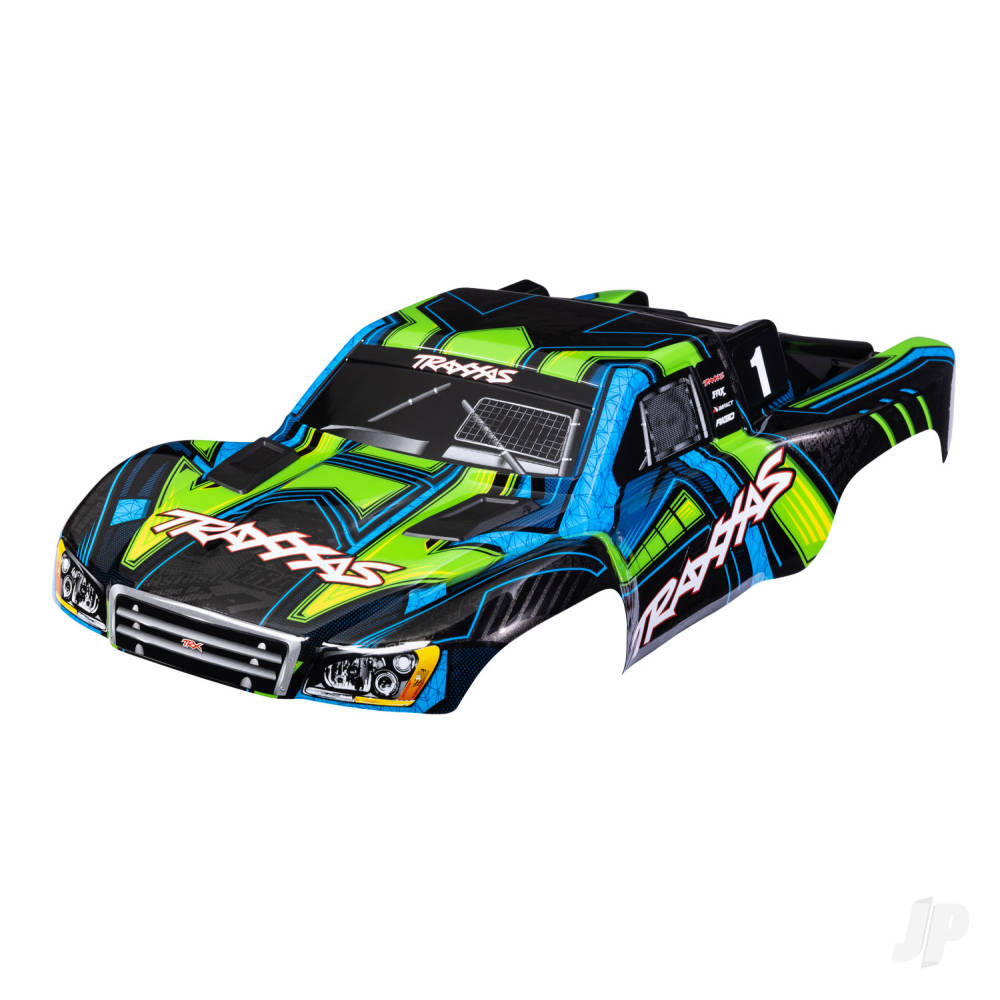 traxxas-body-slash-4x4-also-fits-slash-vxl-slash-2wd-green-and-blue-painted-decals-applied-assembled-with-front-rear-latches-for-clipless-mounting