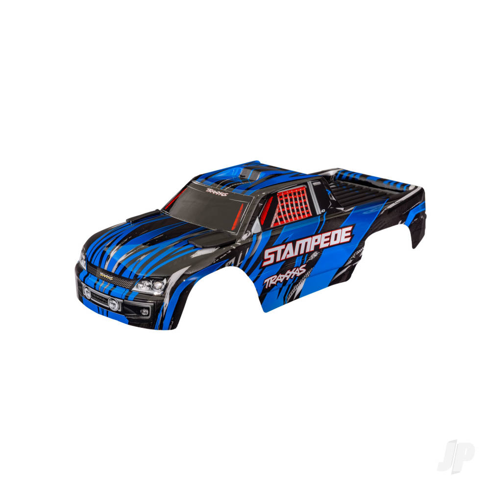 traxxas-body-stampede-also-fits-stampede-vxl-blue-painted-decals-applied-assembled-with-front-rear-body-mounts-for-clipless-mounting