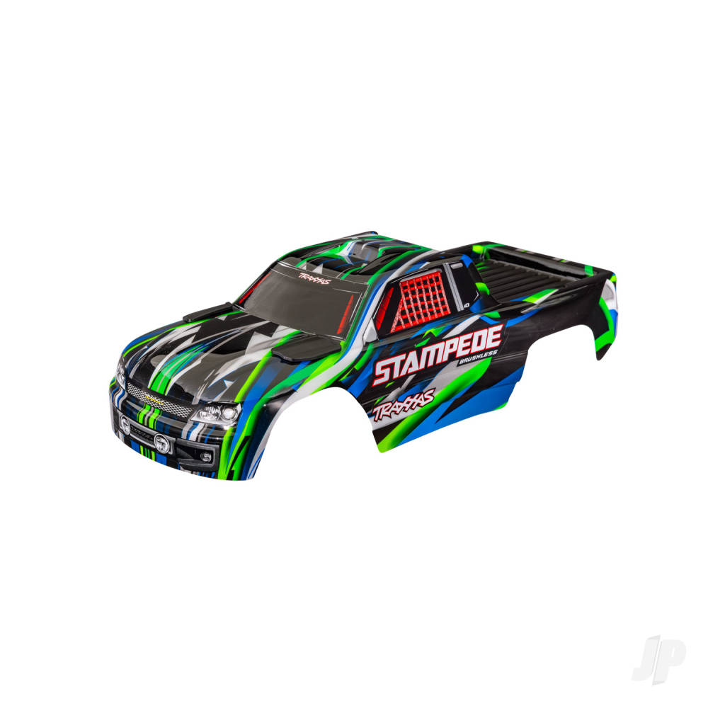 traxxas-body-stampede-also-fits-stampede-vxl-green-painted-decals-applied-assembled-with-front-rear-body-mounts-for-clipless-mounting