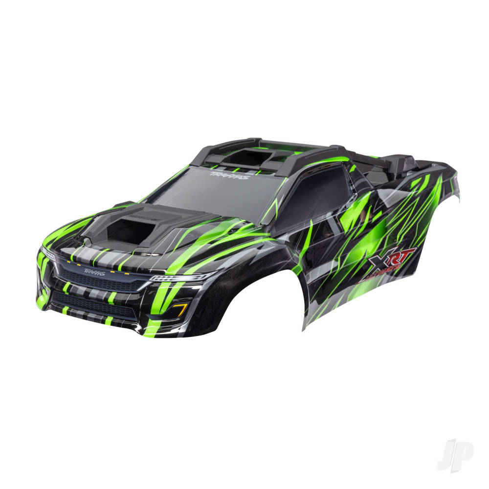 traxxas-body-xrt-ultimate-green-painted-decals-applied-assembled-with-front-rear-body-supports-for-clipless-mounting-roof-hood-skid-pads