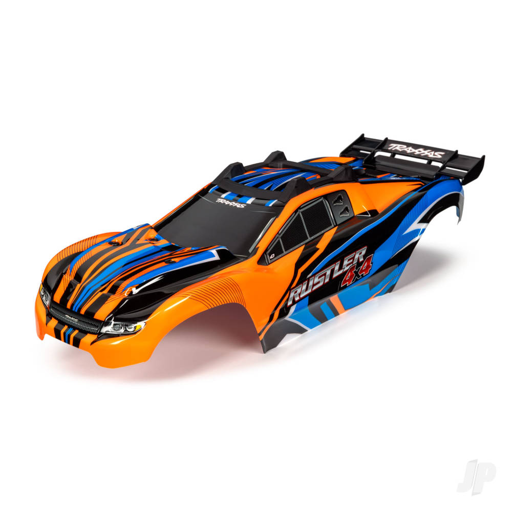 traxxas-body-rustler-4x4-orange-blue-window-grille-lights-decal-sheet-assembled-with-front-rear-body-mounts-and-rear-body-support-for-clipless-mounting