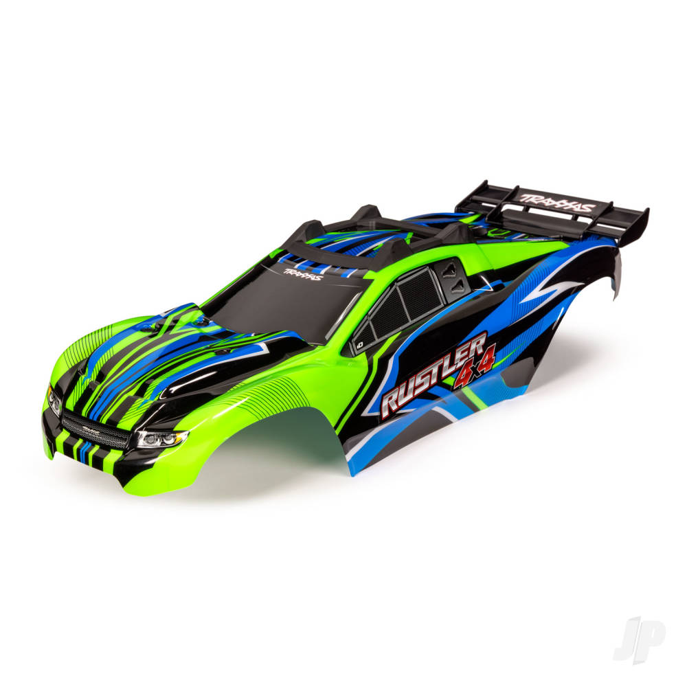 traxxas-body-rustler-4x4-green-blue-window-grille-lights-decal-sheet-assembled-with-front-rear-body-mounts-and-rear-body-support-for-clipless-mounting
