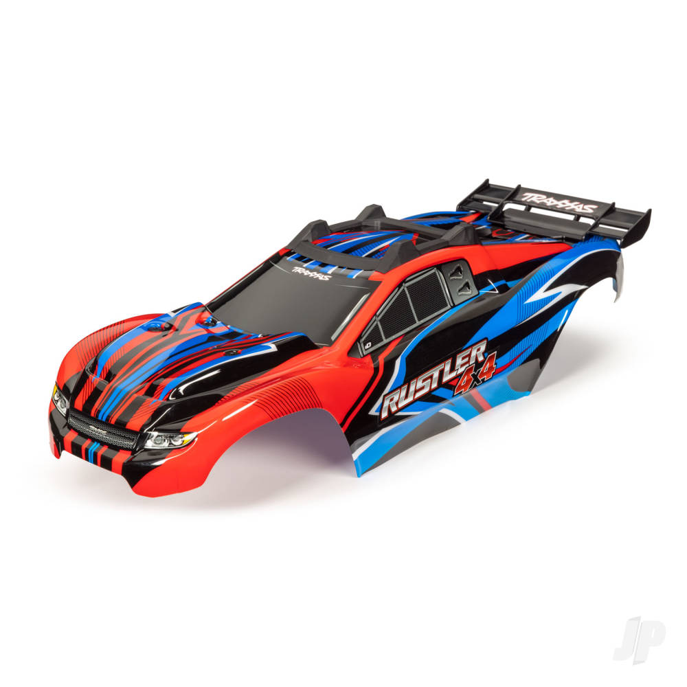 traxxas-body-rustler-4x4-red-blue-window-grille-lights-decal-sheet-assembled-with-front-rear-body-mounts-and-rear-body-support-for-clipless-mounting