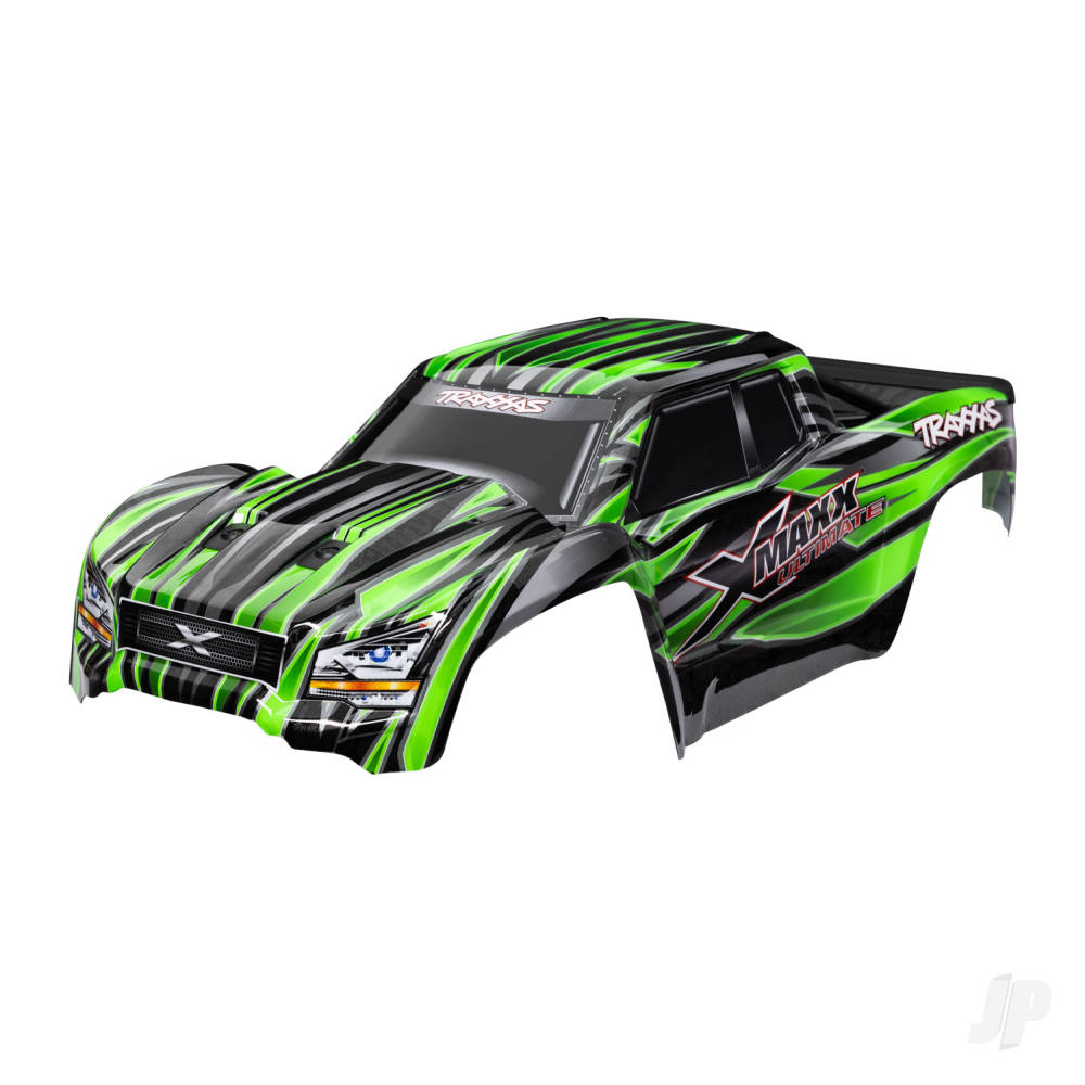 traxxas-body-x-maxx-ultimate-green-painted-decals-applied-assembled-with-front-rear-body-mounts-rear-body-support-and-tailgate-protector