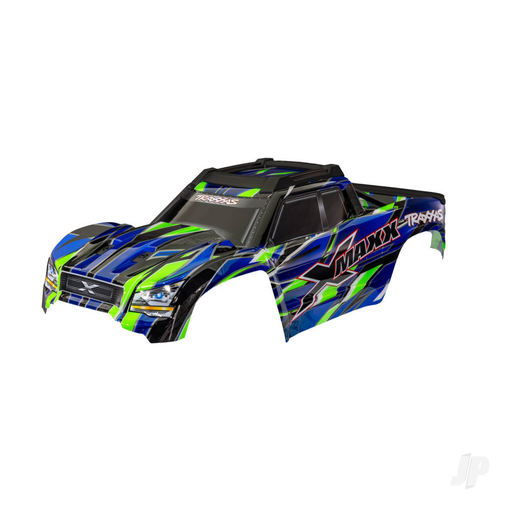 traxxas-body-x-maxx-green-painted-decals-applied-assembled-with-front-rear-body-mounts-rear-body-support-and-tailgate-protector
