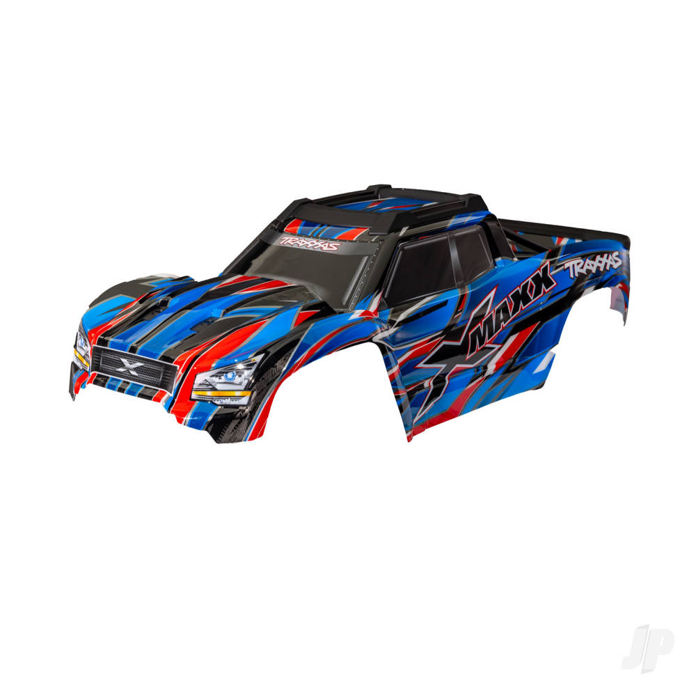 traxxas-body-x-maxx-blue-painted-decals-applied-assembled-with-front-rear-body-mounts-rear-body-support-and-tailgate-protector
