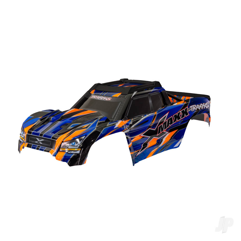 traxxas-body-x-maxx-orange-painted-decals-applied-assembled-with-front-rear-body-mounts-rear-body-support-and-tailgate-protector
