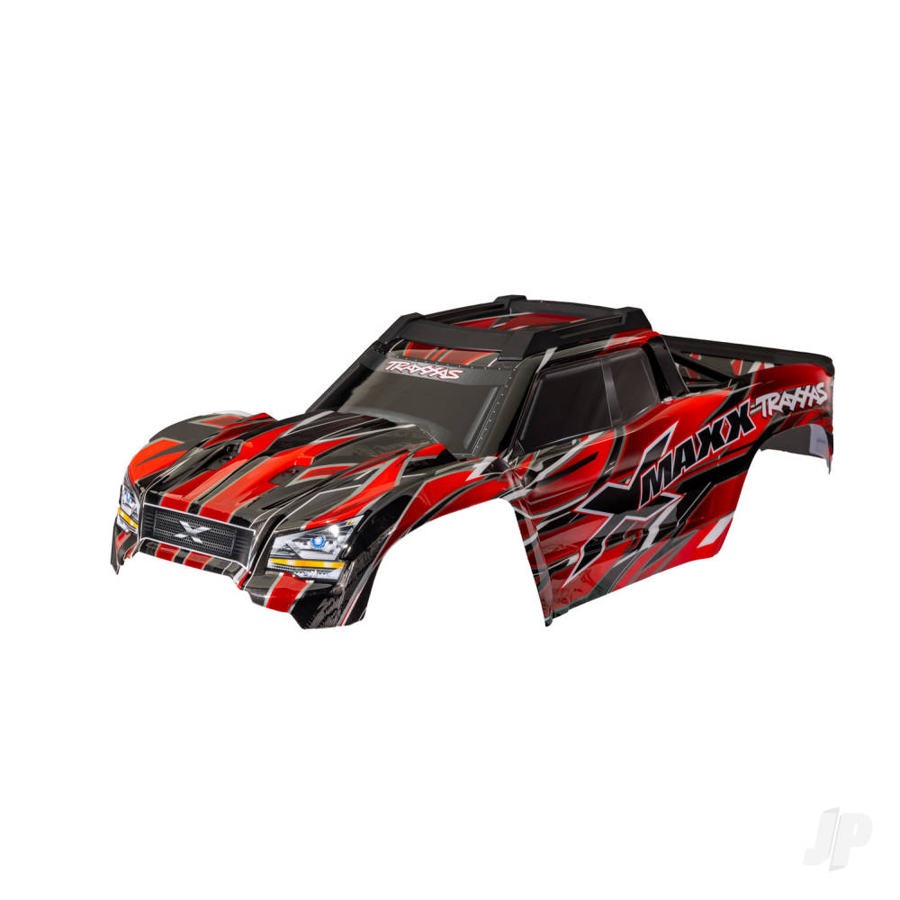 traxxas-body-x-maxx-red-painted-decals-applied-assembled-with-front-rear-body-mounts-rear-body-support-and-tailgate-protector