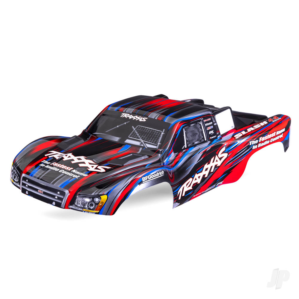 Traxxas Body, Slash 4X4, Red (painted, decals applied) (assembled with front & rear body mount latches for clipless mounting)