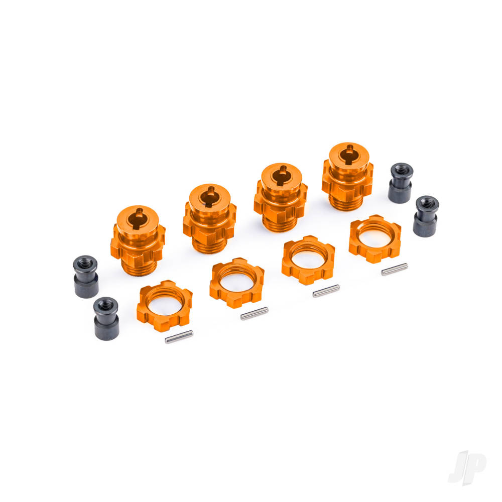 traxxas-wheel-hubs-splined-17mm-short-orange-anodised-4-wheel-nuts-splined-17mm-orange-anodised-4-hub-retainer-m4-x-07-4-axle-pin-4-for-use-with-9080-upgrade-kit