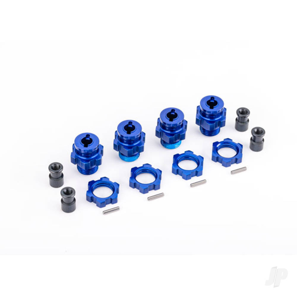 traxxas-wheel-hubs-splined-17mm-short-blue-anodised-4-wheel-nuts-splined-17mm-blue-anodised-4-hub-retainer-m4-x-07-4-axle-pin-4-for-use-with-9080-upgrade-kit