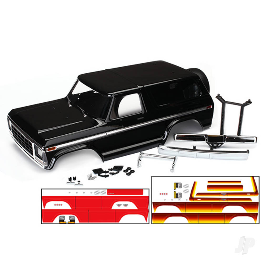traxxas-body-ford-bronco-complete-black-includes-front-and-rear-bumpers-push-bar-rear-body-mount-grille-side-mirrors-door-handles-windshield-wipers-spare-tyre-mount-red-and-sunset-decals-requires-8072-inner-fenders