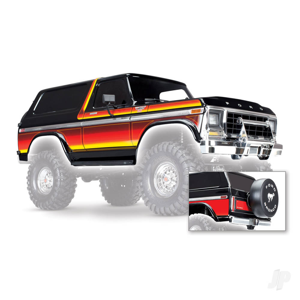 Traxxas Body, Ford Bronco, complete (Black) (includes Front and Rear bumpers, push bar, Rear Body mount, grille, side mirrors, door handles, windshield wipers, spare Tyre mount, Red and sunset decals) (requires #8072 inner fenders)-4