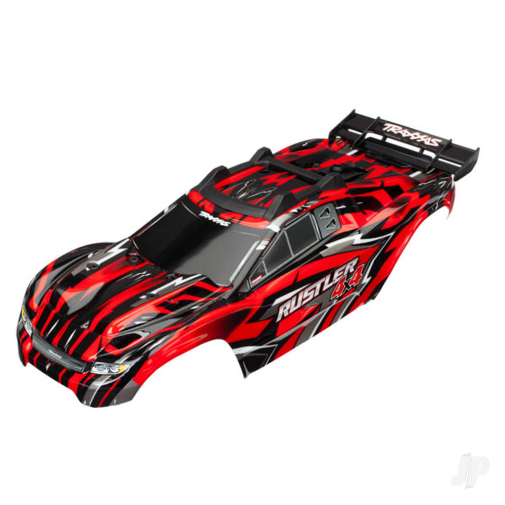 traxxas-body-rustler-4x4-red-window-grille-lights-decal-sheet-assembled-with-front-rear-body-mounts-and-rear-body-support-for-clipless-mounting