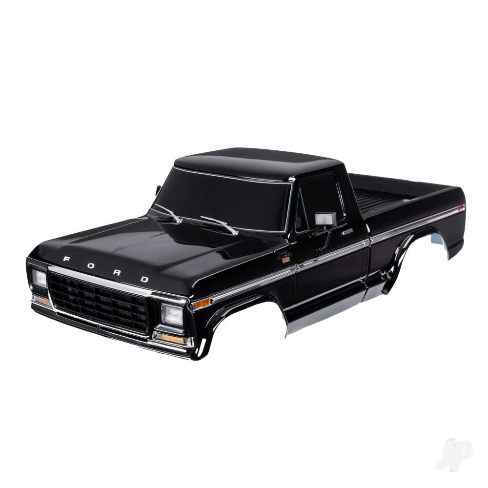 traxxas-body-ford-f-150-1979-complete-black-painted-decals-applied-includes-grille-side-mirrors-door-handles-windshield-wipers-clipless-mounting-requires-9288-inner-fenders-roll-bar-sold-separately-choose-chrome-9262-black-9262r-or-chrome-with-lights-9262x