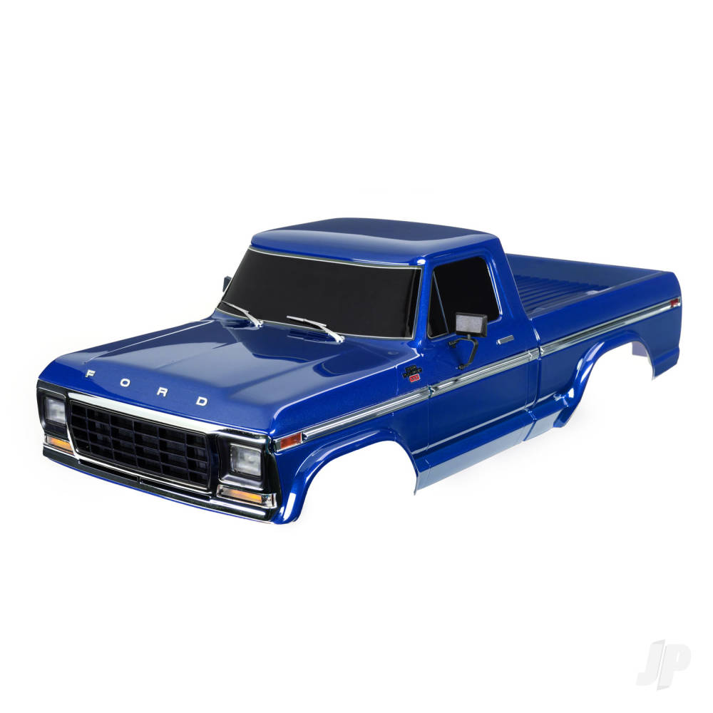 traxxas-body-ford-f-150-1979-complete-blue-painted-decals-applied-includes-grille-side-mirrors-door-handles-windshield-wipers-clipless-mounting-requires-9288-inner-fenders-roll-bar-sold-separately-choose-chrome-9262-black-9262r-or-chrome-with-lights-9262x