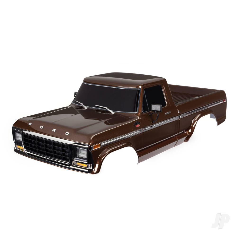 traxxas-body-ford-f-150-1979-complete-brown-painted-decals-applied-includes-grille-side-mirrors-door-handles-windshield-wipers-clipless-mounting-requires-9288-inner-fenders-roll-bar-sold-separately-choose-chrome-9262-black-9262r-or-chrome-with-lights-9262x