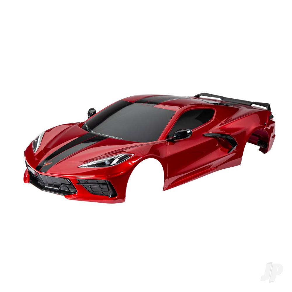 traxxas-body-chevrolet-corvette-stingray-complete-red-painted-decals-applied-includes-side-mirrors-spoiler-grilles-vents-clipless-mounting