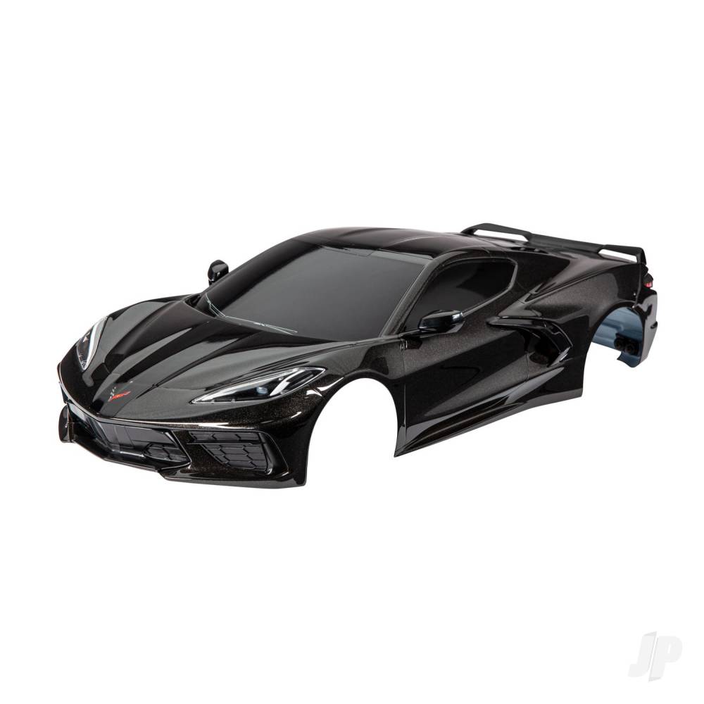 traxxas-body-chevrolet-corvette-stingray-complete-black-painted-decals-applied-includes-side-mirrors-spoiler-grilles-vents-clipless-mounting