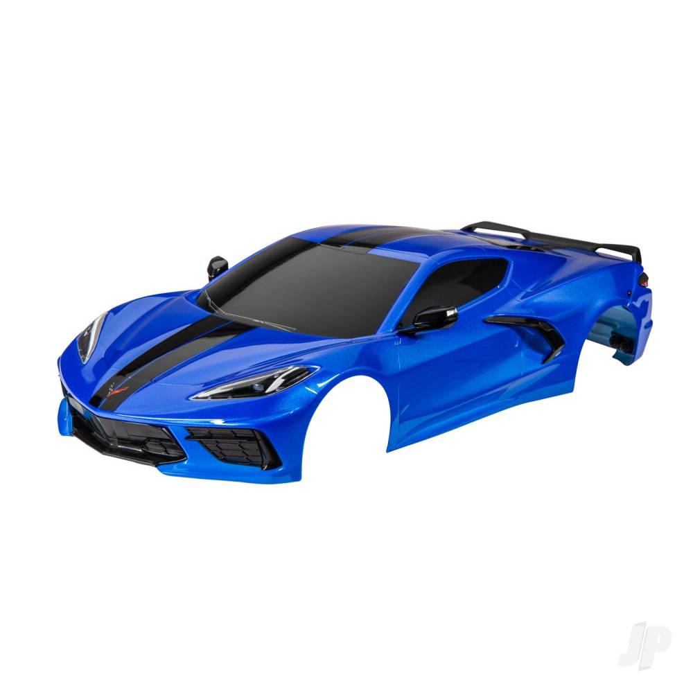 traxxas-body-chevrolet-corvette-stingray-complete-blue-painted-decals-applied-includes-side-mirrors-spoiler-grilles-vents-clipless-mounting