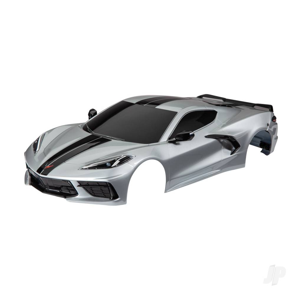 traxxas-body-chevrolet-corvette-stingray-complete-silver-painted-decals-applied-includes-side-mirrors-spoiler-grilles-vents-clipless-mounting