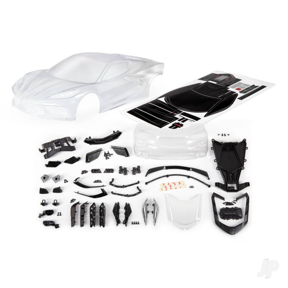 traxxas-body-chevrolet-corvette-stingray-clear-trimmed-requires-painting-decal-sheet-includes-side-mirrors-spoiler-grilles-vents-hardware-clipless-mounting