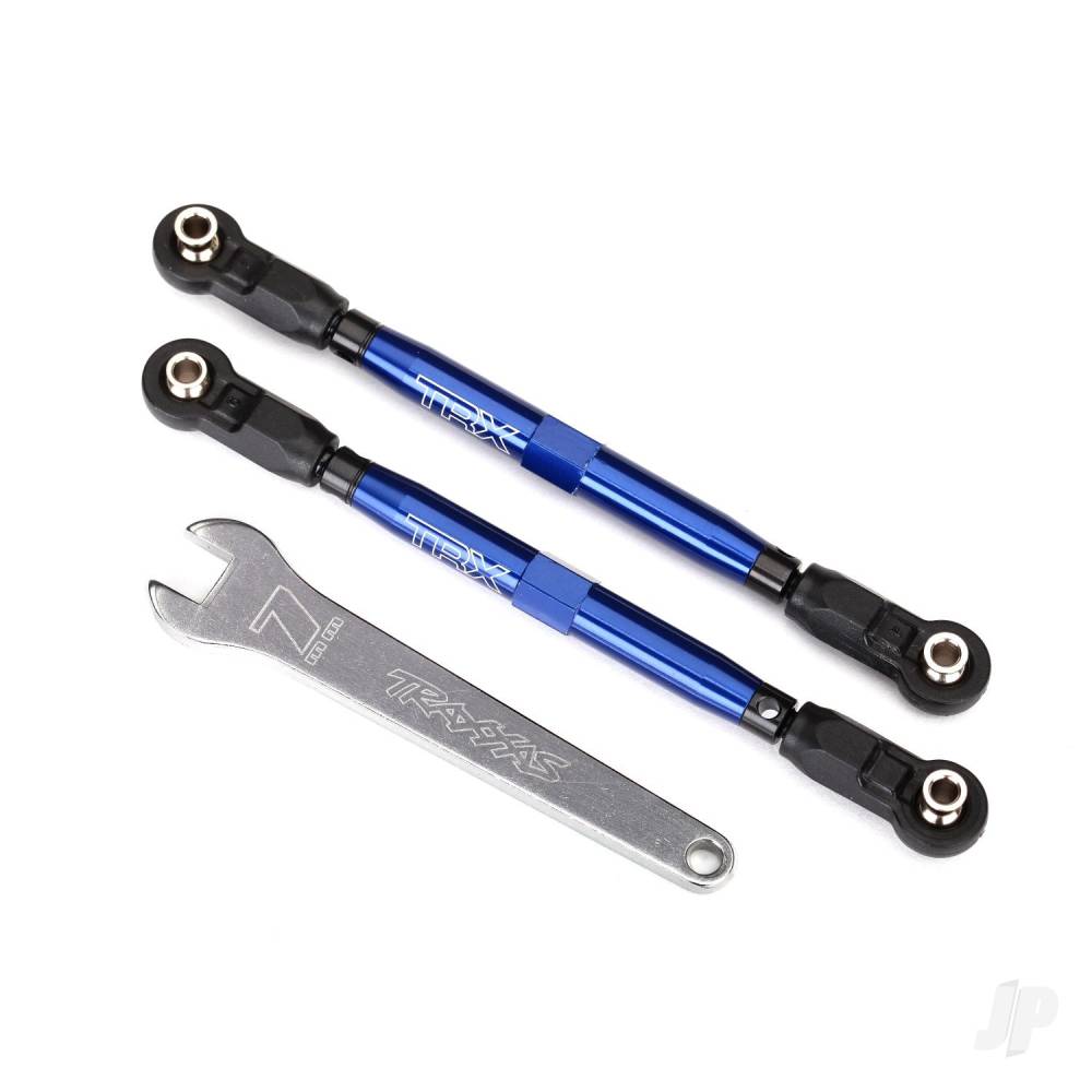 traxxas-toe-links-front-unlimited-desert-racer-tubes-blue-anodised-7075-t6-aluminium-stronger-than-titanium-102mm-2-pcs-assembled-with-rod-ends-and-hollow-balls-aluminium-wrench-7mm-1pc