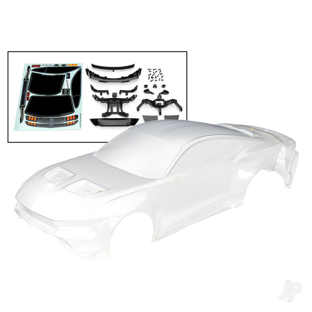 traxxas-body-ford-mustang-clear-trimmed-requires-painting-decal-sheet-includes-side-mirrors-spoiler-grilles-vents-hardware-clipless-mounting