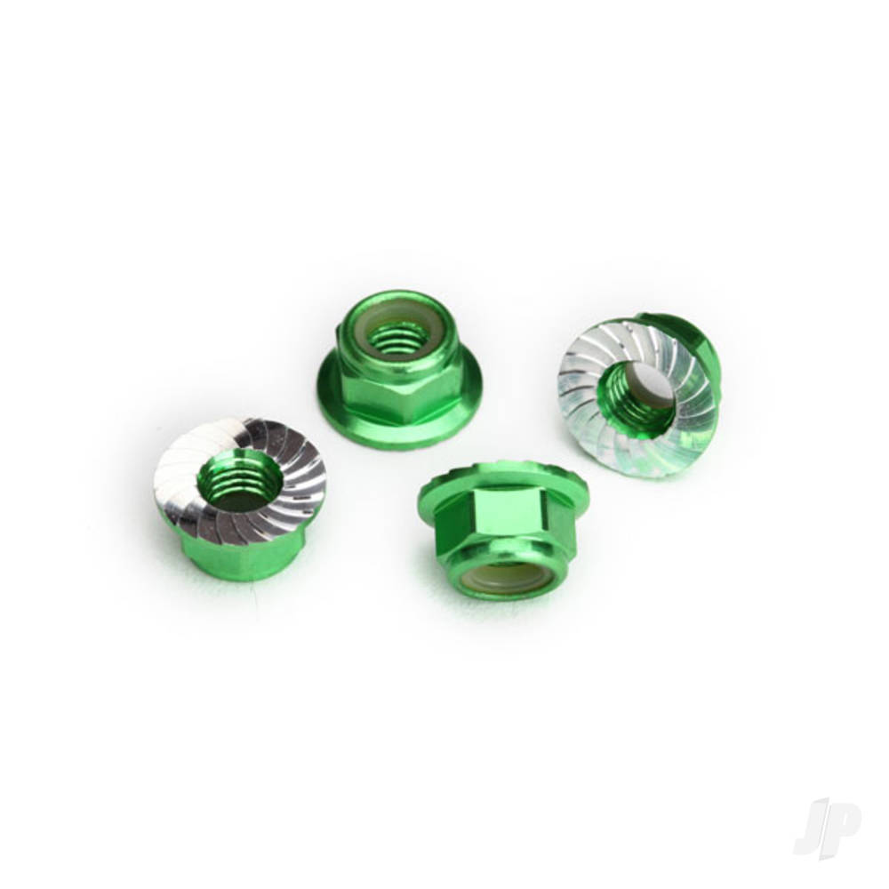 traxxas-nuts-5mm-flanged-nylon-locking-aluminium-green-anodised-serrated-4-pcs