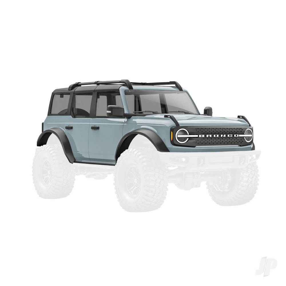 traxxas-body-ford-bronco-complete-cactus-grey-includes-grille-side-mirrors-door-handles-fender-flares-windshield-wipers-spare-tyre-mount-clipless-mounting