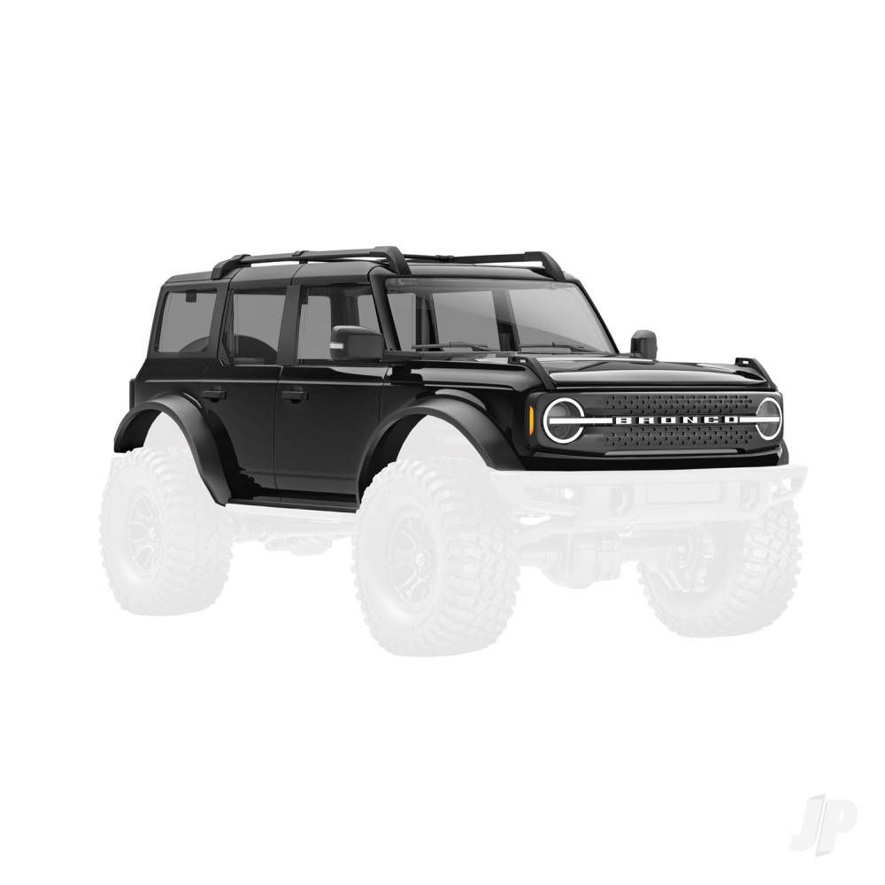 traxxas-body-ford-bronco-2021-complete-black-includes-grille-side-mirrors-door-handles-fender-flares-windshield-wipers-spare-tyre-mount-clipless-mounting