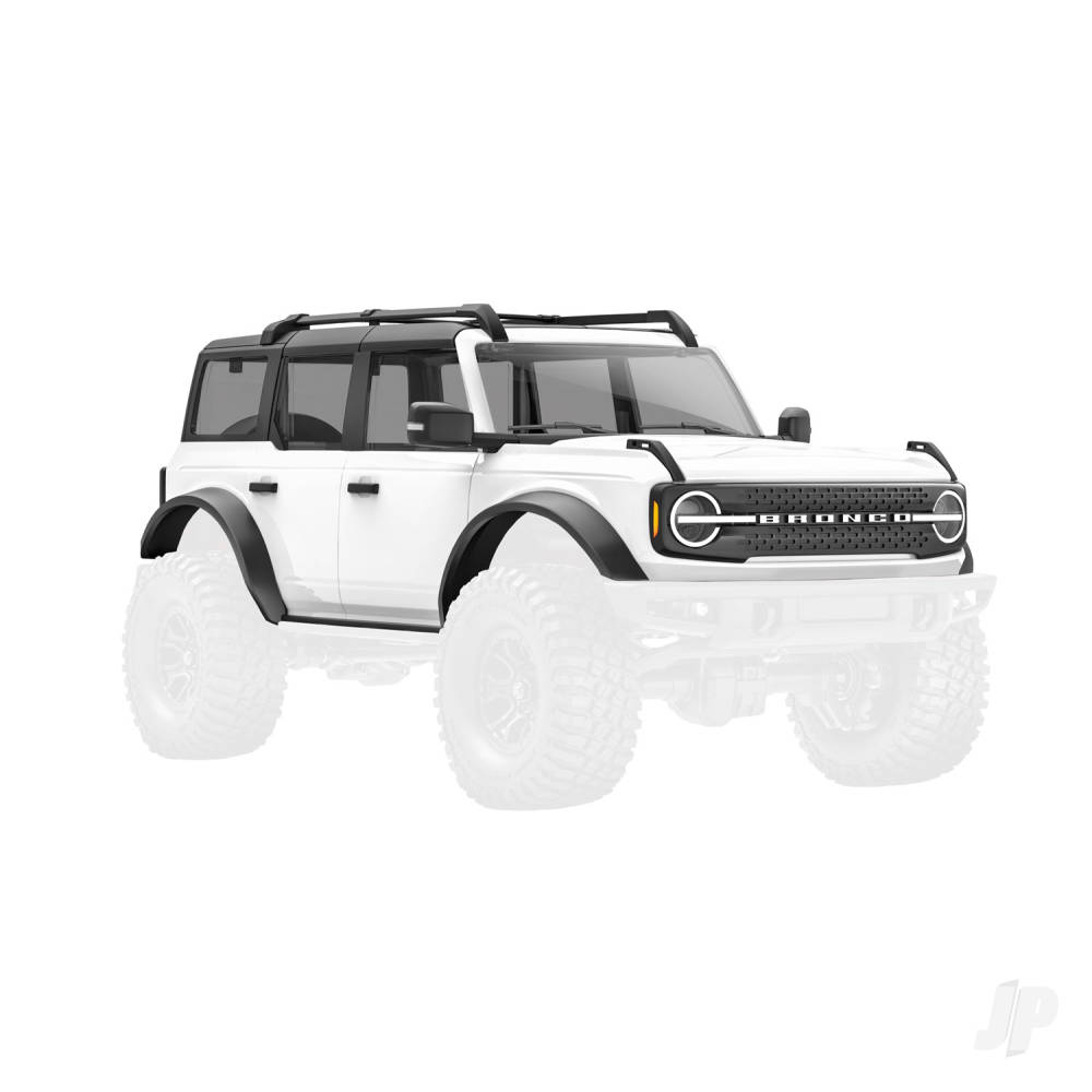 traxxas-body-ford-bronco-2021-complete-white-includes-grille-side-mirrors-door-handles-fender-flares-windshield-wipers-spare-tyre-mount-clipless-mounting