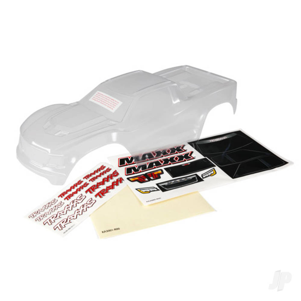 Traxxas Body, Maxx (Clear, requires painting) / window masks / decal sheet