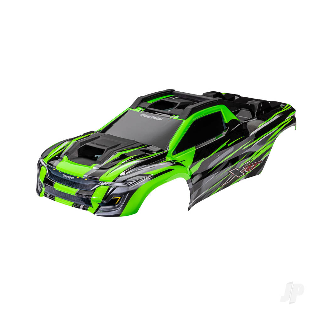 traxxas-body-xrt-green-painted-decals-applied-assembled-with-front-rear-body-supports-for-clipless-mounting-roof-hood-skid-pads
