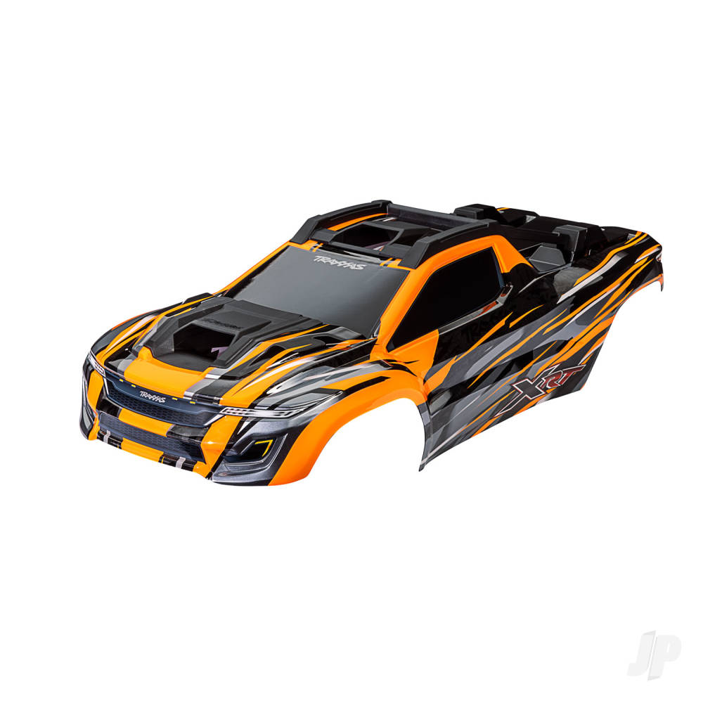 traxxas-body-xrt-orange-painted-decals-applied-assembled-with-front-rear-body-supports-for-clipless-mounting-roof-hood-skid-pads