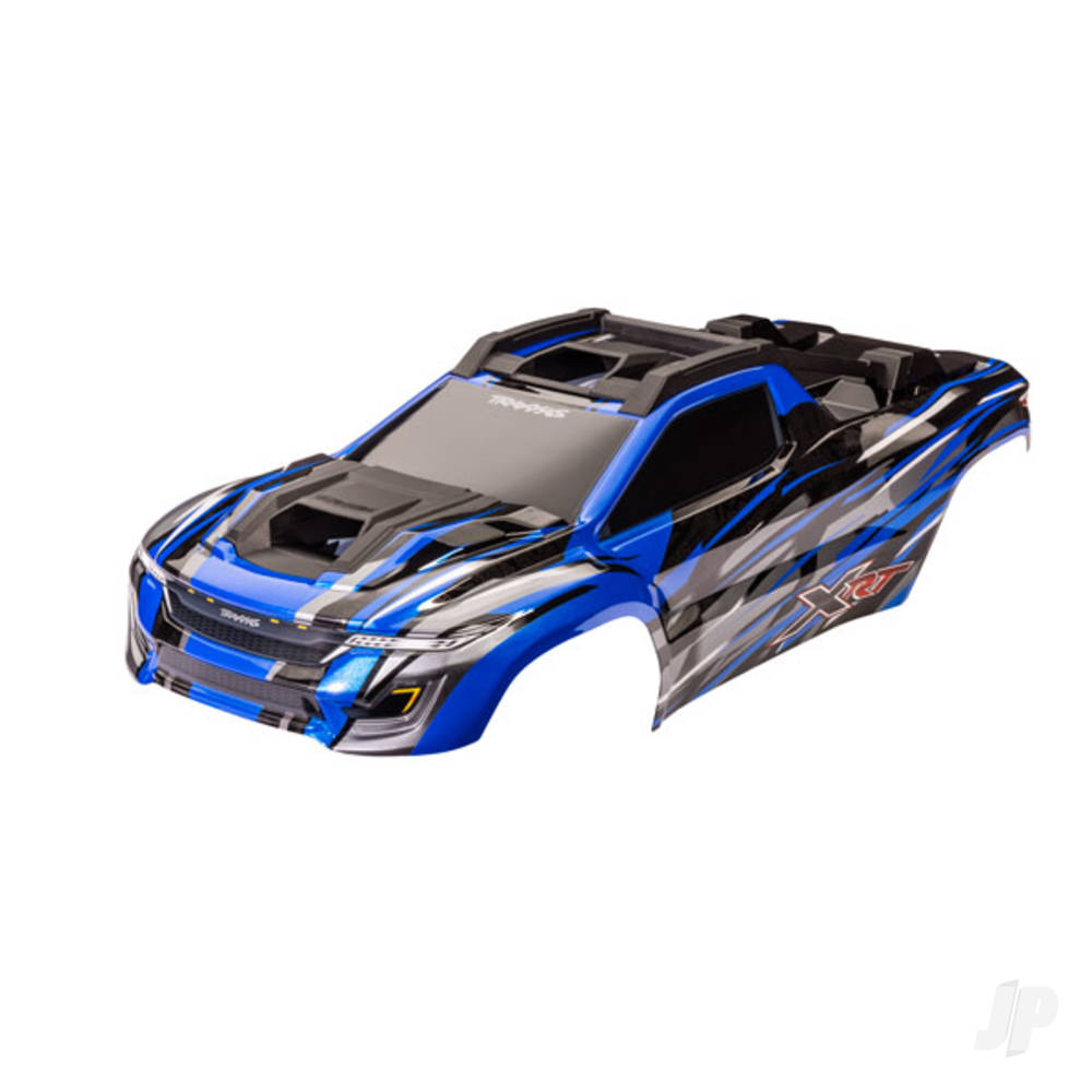 traxxas-body-xrt-blue-painted-decals-applied-assembled-with-front-rear-body-supports-for-clipless-mounting-roof-hood-skid-pads