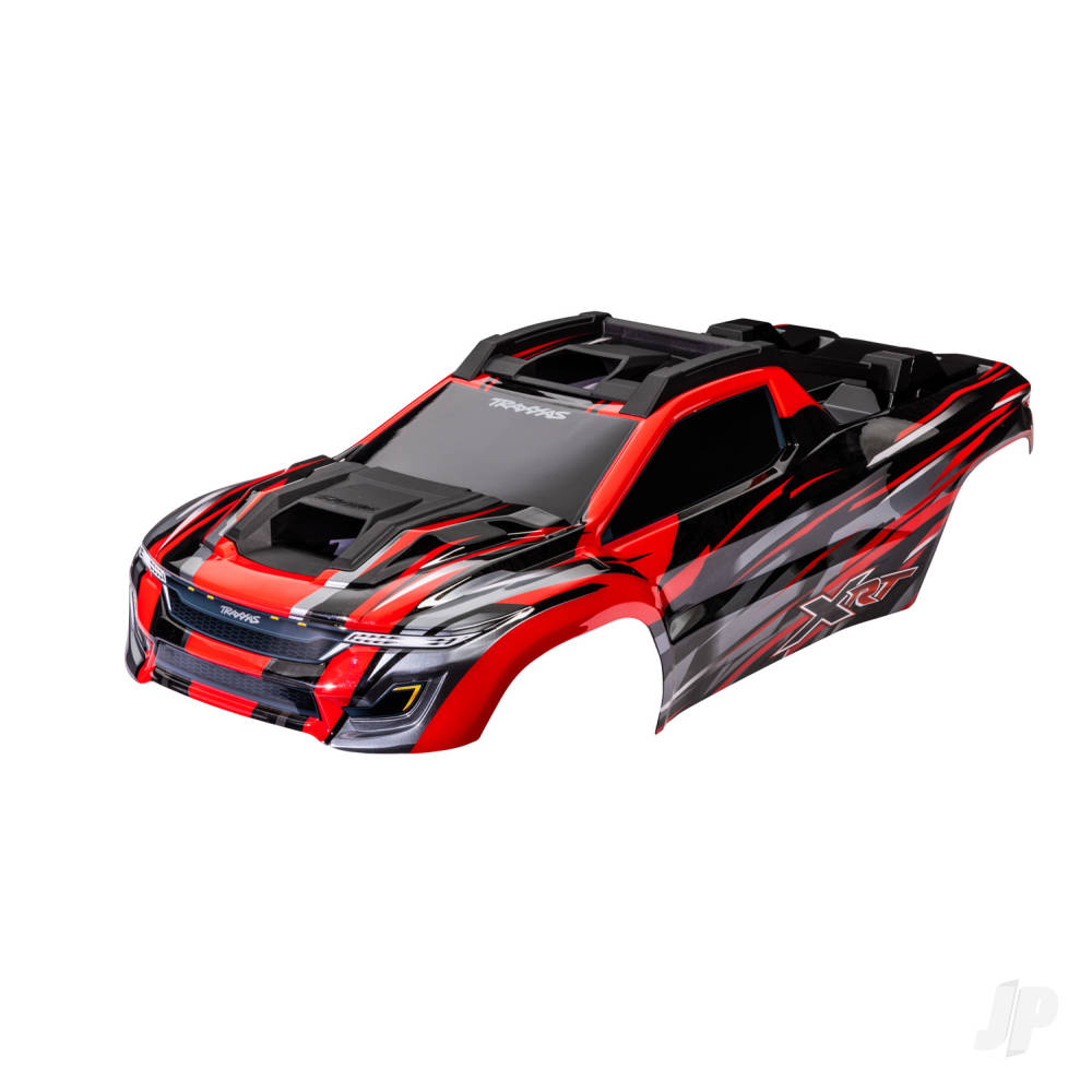 traxxas-body-xrt-red-painted-decals-applied-assembled-with-front-rear-body-supports-for-clipless-mounting-roof-hood-skid-pads