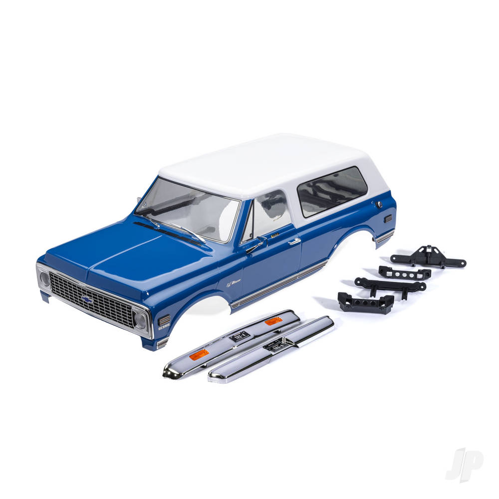 traxxas-body-chevrolet-blazer-1972-complete-blue-white-painted-includes-grille-side-mirrors-door-handles-windshield-wipers-front-rear-bumpers-clipless-mounting-requires-8072x-inner-fenders