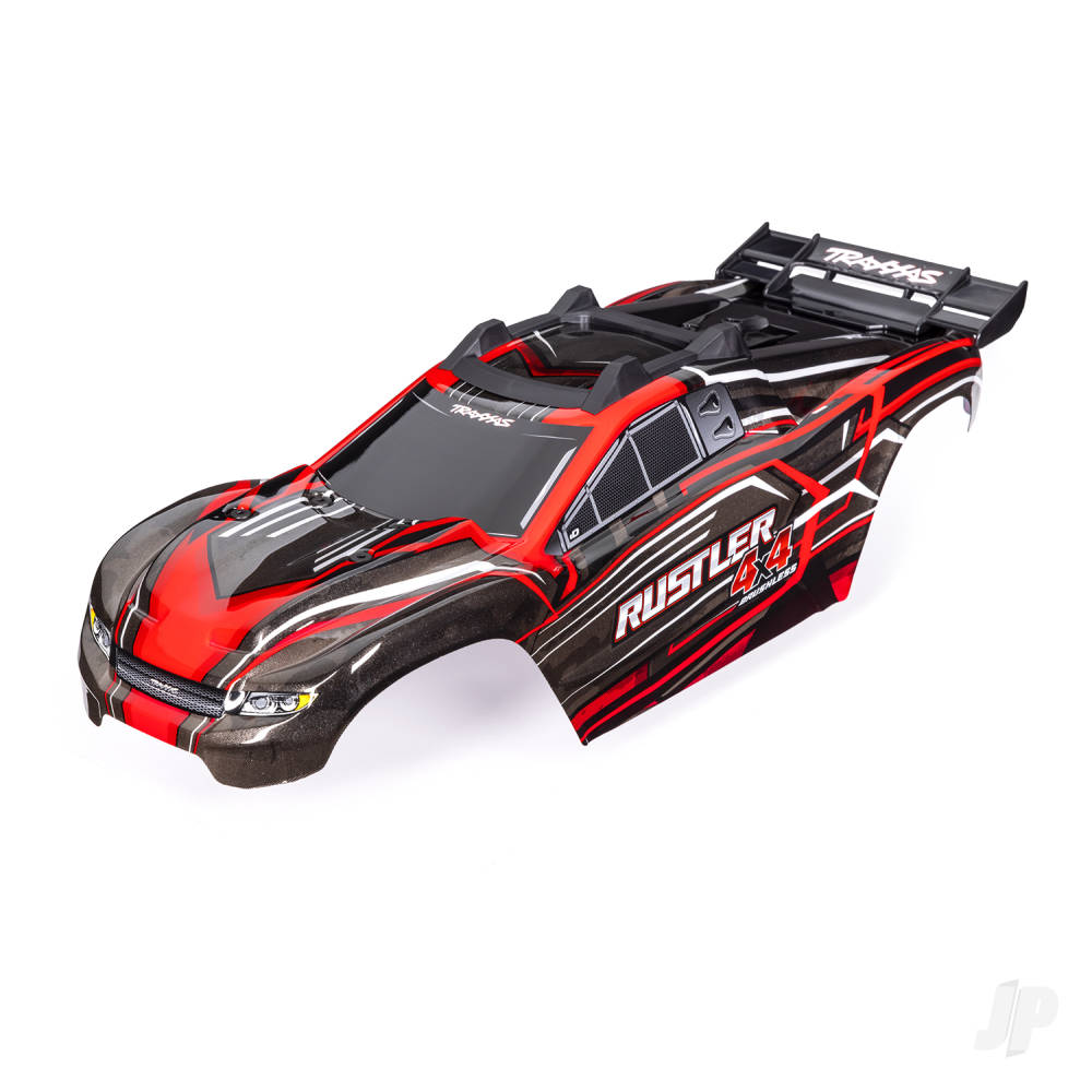 traxxas-body-rustler-4x4-red-painted-decals-applied-assembled-with-front-rear-body-mounts-and-rear-body-support-for-clipless-mounting