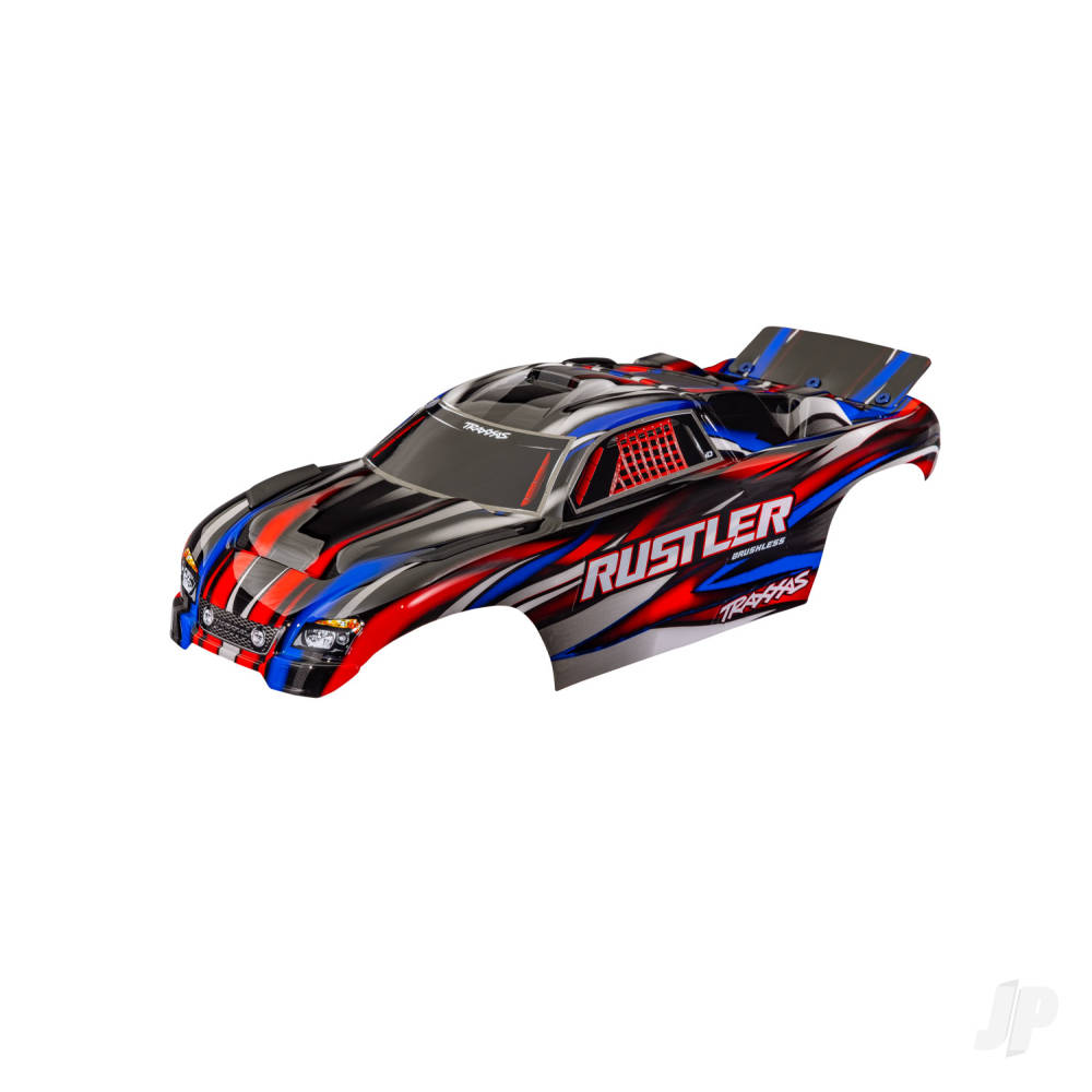 traxxas-body-rustler-also-fits-rustler-vxl-red-painted-decals-applied-assembled-with-front-rear-body-mounts-for-clipless-mounting