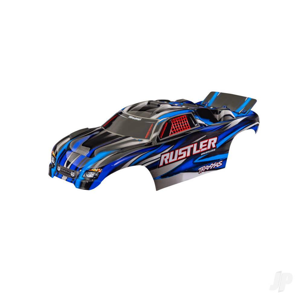 traxxas-body-rustler-also-fits-rustler-vxl-blue-painted-decals-applied-assembled-with-front-rear-body-mounts-for-clipless-mounting