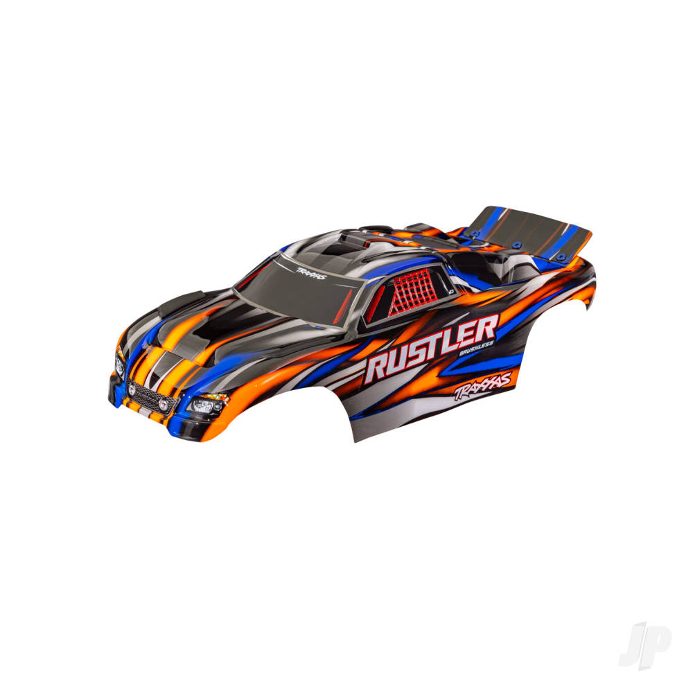 traxxas-body-rustler-also-fits-rustler-vxl-orange-painted-decals-applied-assembled-with-front-rear-body-mounts-for-clipless-mounting