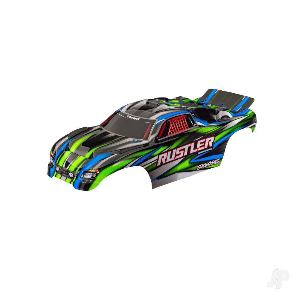 traxxas-body-rustler-also-fits-rustler-vxl-green-painted-decals-applied-assembled-with-front-rear-body-mounts-for-clipless-mounting