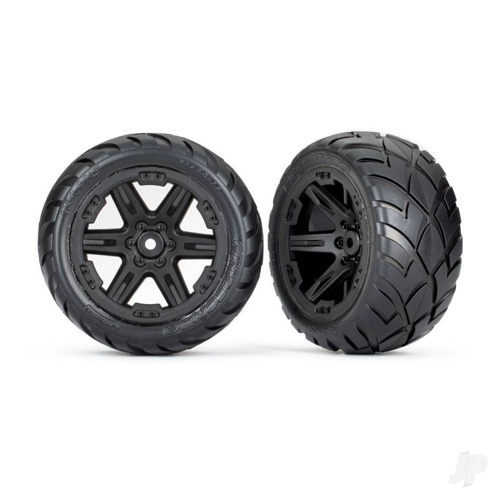 traxxas-tyres-wheels-assembled-glued-28in-rxt-black-wheels-anaconda-tyres-foam-inserts-2wd-electric-rear-2-tsm-rated
